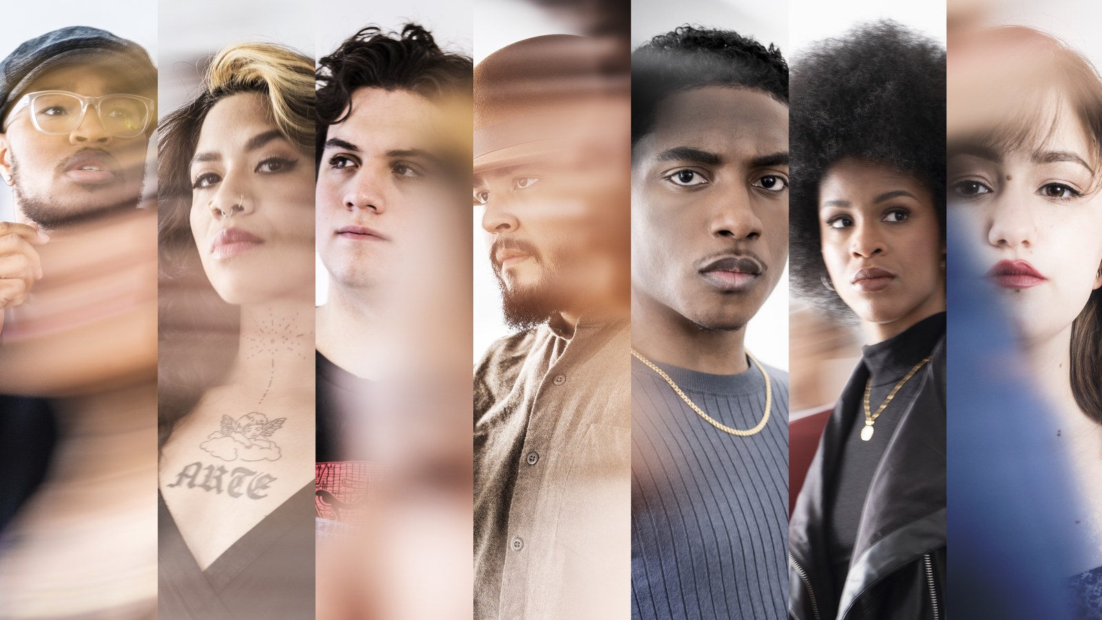 Showcase cast headshot collage: Antonyio Artis, Christian Cordova, Harrison Hernandez, Randy Arbujo, Owen Alleyne, Fatou Thiam, and Lia Hauser